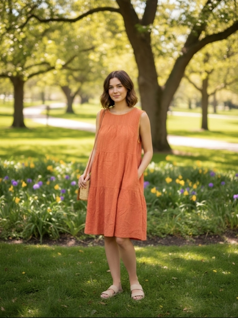 Cotton Bleu Sleeveless Tiered Mini Dress in Orange